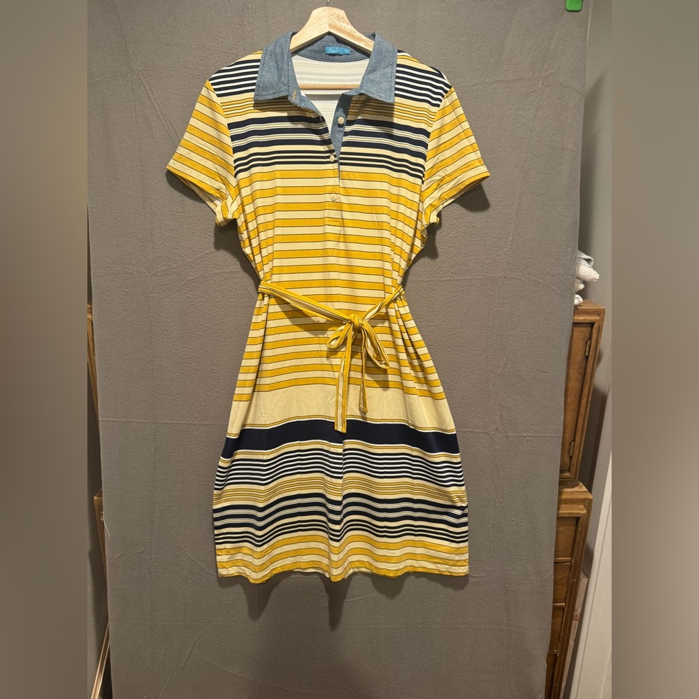 J. McLaughlin Yellow and Navy Striped Polo Midi Dress with Tie Waist